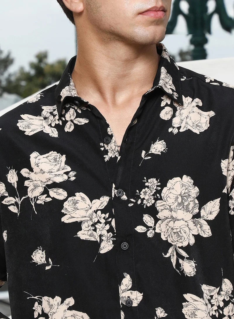 CAHOOT  Men's Onyx Black Contrast-Roses Imprint Shirt for Men | Best Price UAE