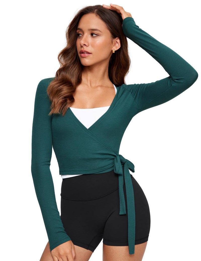 INGIA Womens V-Neck Long Sleeve Cross Wrap Top Slim Fit Soft Knit Layering Shirt Casual Yoga Gym Bandage Tie Tops Forest Green X-Small - Image 1