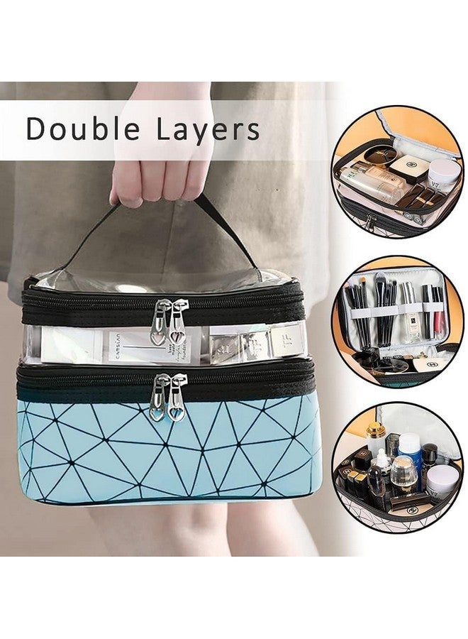 Double Layer Makeup Pouch with Brush Holder, 16 cm, Travel Toiletry Organiser for Women (Sky Blue) - Image 2