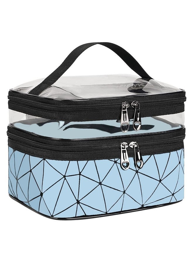 Double Layer Makeup Pouch with Brush Holder, 16 cm, Travel Toiletry Organiser for Women (Sky Blue) - Image 1