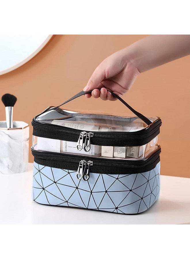 Double Layer Makeup Pouch with Brush Holder, 16 cm, Travel Toiletry Organiser for Women (Sky Blue) - Image 4