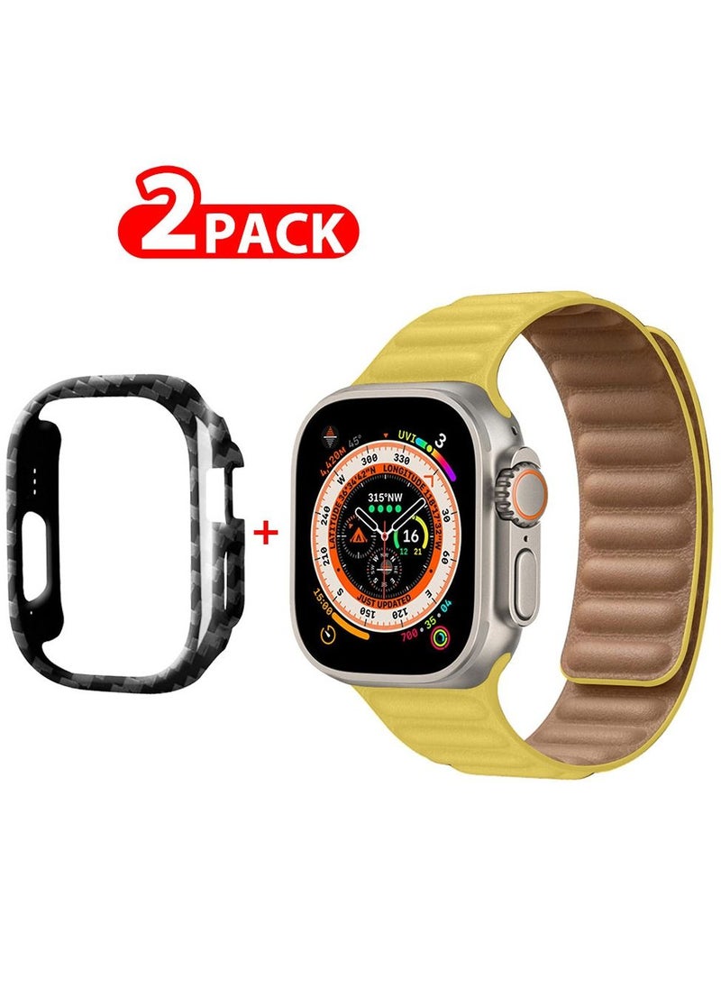 CATANES - 2 Packs For Apple Watch Band 49mm Leather Link Strap Magnetic Loop Bracelet and Carbon Fiber Case Holder Yellow - Image 1