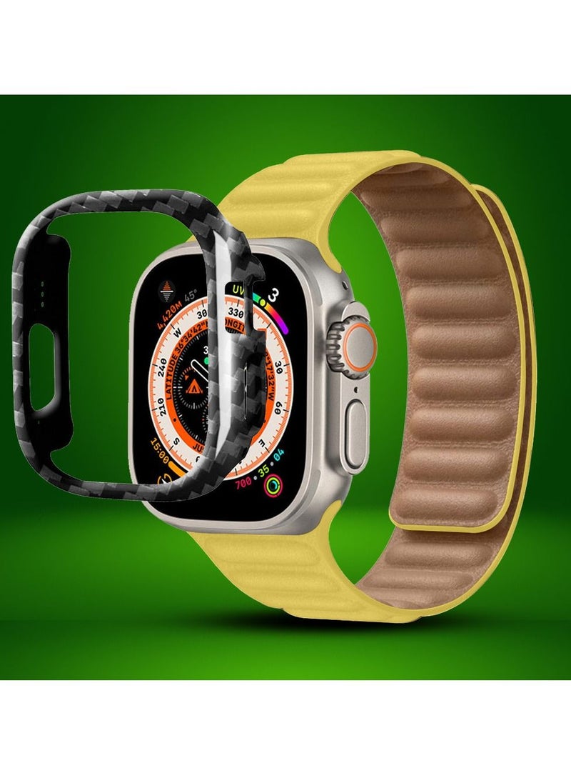 CATANES - 2 Packs For Apple Watch Band 49mm Leather Link Strap Magnetic Loop Bracelet and Carbon Fiber Case Holder Yellow - Image 1