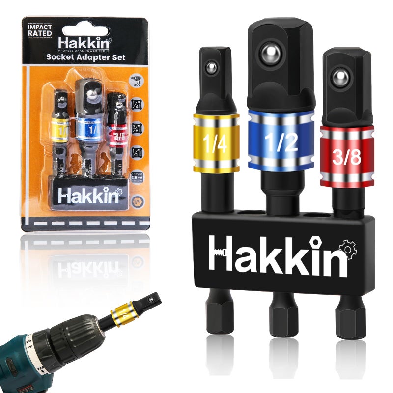 Hakkin 3PCS Impact Socket Adapter/Extension Set Turns Power Drill Into High Speed Nut Driver. 1/4", 3/8", and 1/2" Drive - Image 1