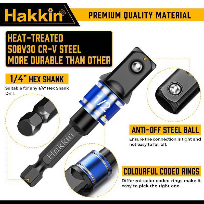 Hakkin 3PCS Impact Socket Adapter/Extension Set Turns Power Drill Into High Speed Nut Driver. 1/4", 3/8", and 1/2" Drive - Image 2