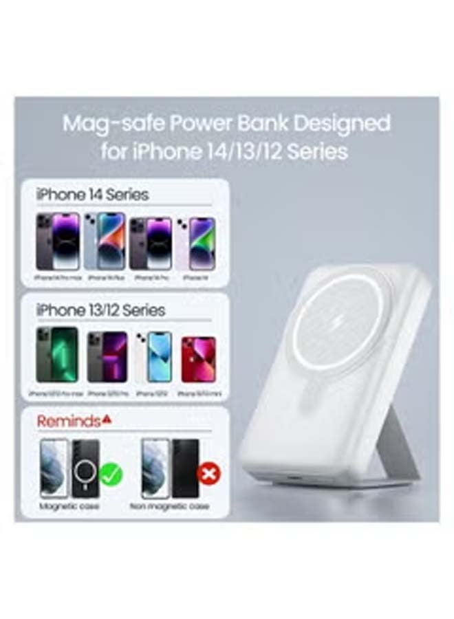 Magnetic Wireless Portable Charger 10000mAh MagSafe Battery Pack 15W Fast Charging USB-C Power Bank Foldable Stand Compatible iPhone 14/13/12 Pro Max Plus Mini (White)