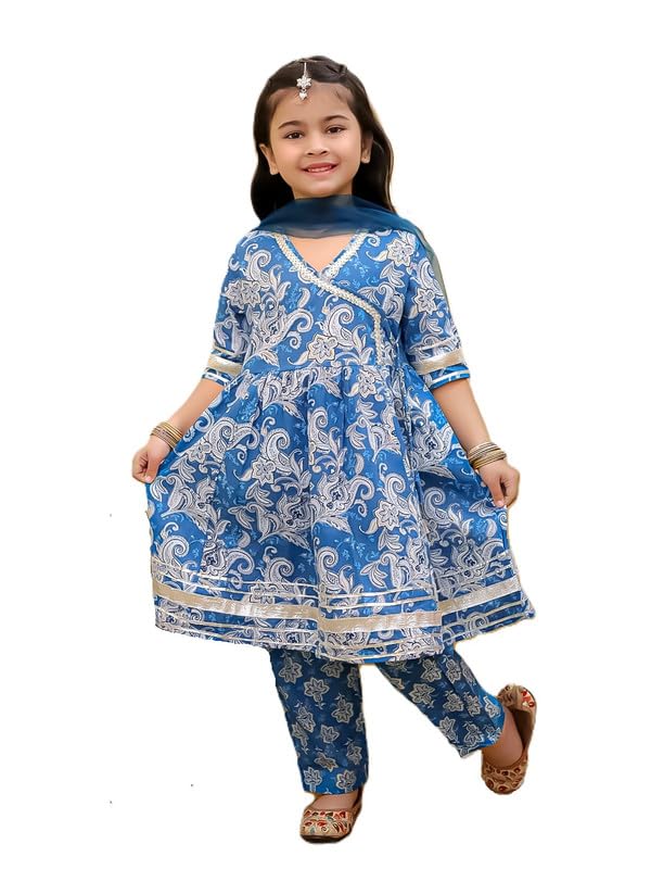 superminis Girls Cotton Floral Printed Angrakha Gotta Patti Kurti Pant Set with Net Dupatta (5-6 Years, Blue) - Image 1