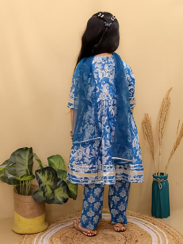 superminis Girls Cotton Floral Printed Angrakha Gotta Patti Kurti Pant Set with Net Dupatta (5-6 Years, Blue) - Image 3
