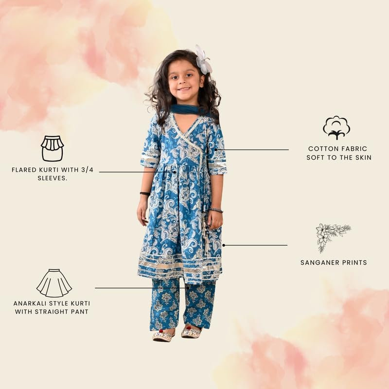 superminis Girls Cotton Floral Printed Angrakha Gotta Patti Kurti Pant Set with Net Dupatta (5-6 Years, Blue) - Image 2