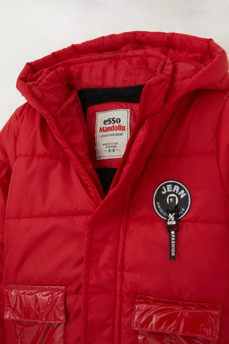 Esso Mandolin Boy's Coat with Pocket and Hood and Emblem, 2-6 Years, Red