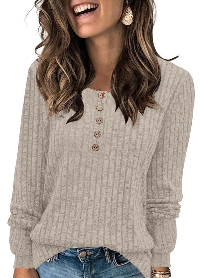 DB MOON 2023 Fall Sweaters Long Sleeve Henley Tops Lightweight Casual Crewneck Tunic L Light Gray, Light Gray, L - Image 1