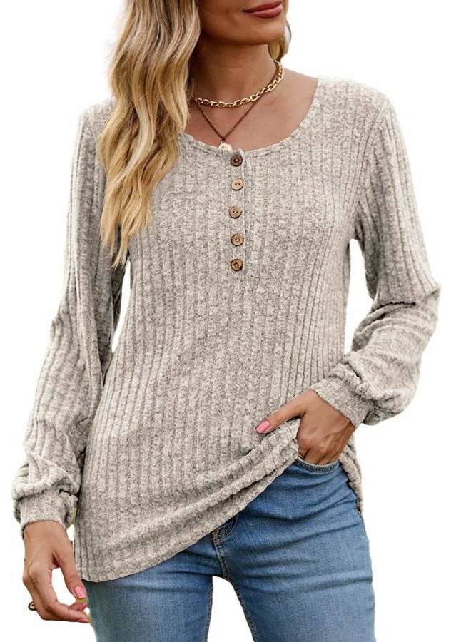 DB MOON 2023 Fall Sweaters Long Sleeve Henley Tops Lightweight Casual Crewneck Tunic L Light Gray, Light Gray, L - Image 2