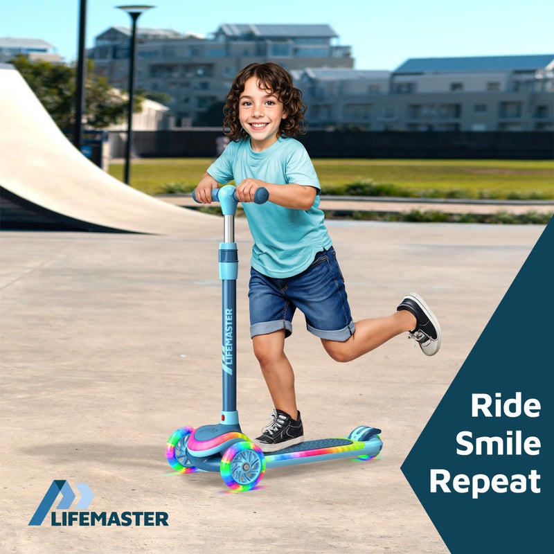 Lifemaster 3-Wheel Kids Scooter with Multi-Color Lights on Deck & Wheels â€“ 5-Height Adjustable Handlebar, Wide Anti-Slip Deck, Child Safety Certified, Boys & Girls Ages 3+ Supports Up to 150 lbs, Blue - Image 3