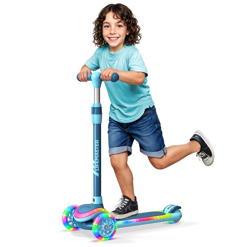Lifemaster 3-Wheel Kids Scooter with Multi-Color Lights on Deck & Wheels â€“ 5-Height Adjustable Handlebar, Wide Anti-Slip Deck, Child Safety Certified, Boys & Girls Ages 3+ Supports Up to 150 lbs, Blue - Image 1