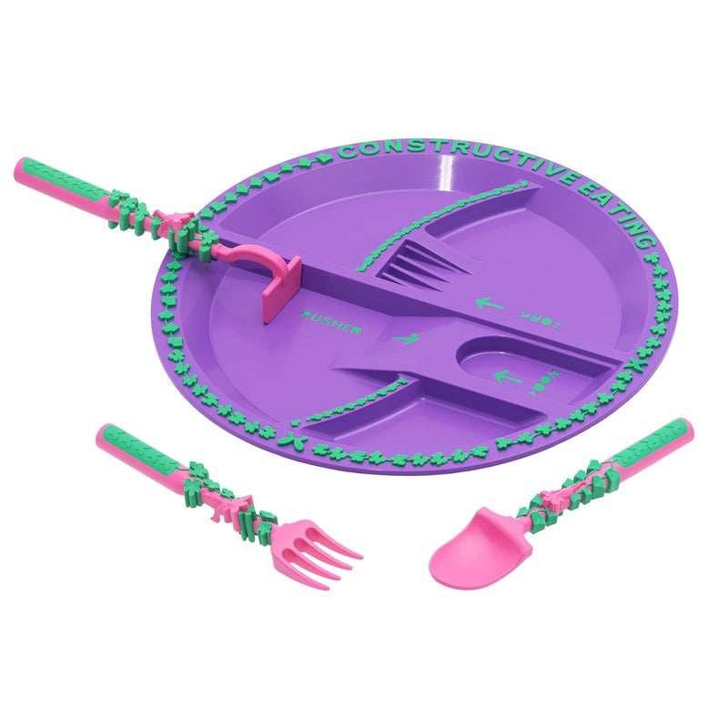 Constructive Eating Plate and Utensils Set USAMade Toddler Dinnerware with Divided Plates Garden Fairy