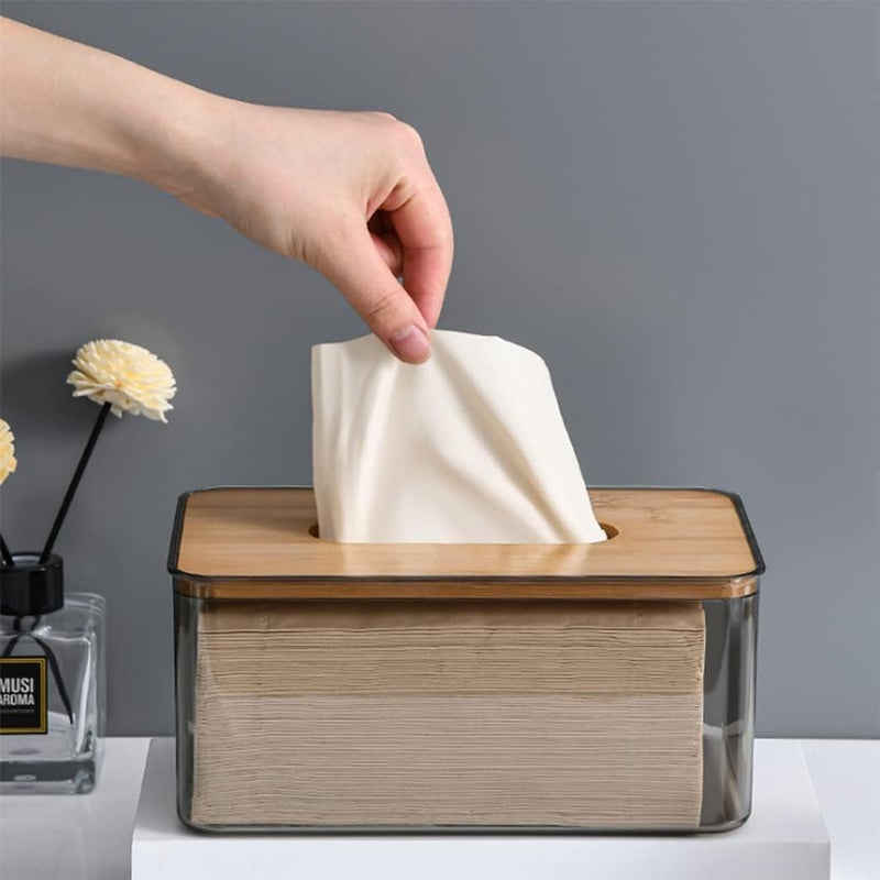 Transparent Tissue Box Cover with Bamboo Lid – Minimalist Rectangle Tissue Holder & Dispenser for Facial Tissues or Dryer Sheets, Large Size for Bathroom, Living Room, or Bedroom - Image 1