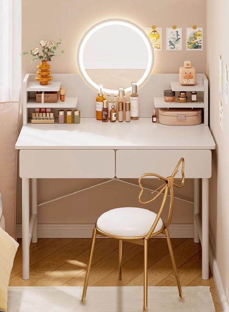 Generic Simple Makeup Vanity Dressing Table, Steel Leg Small White Table with Shelf, Drawer, Mirror and Led Light for Bedroom and Small Space (RJ80CK, 80 * 40cm)  - Image 1