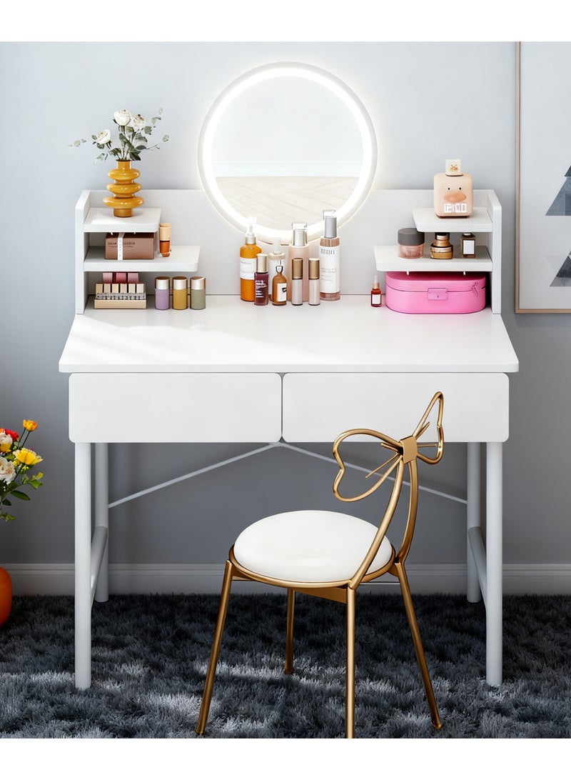 Simple Makeup Vanity Dressing Table, Steel Leg Small White Table with Shelf, Drawer, Mirror and Led Light for Bedroom and Small Space (RJ80CK, 80 * 40cm) - Image 1