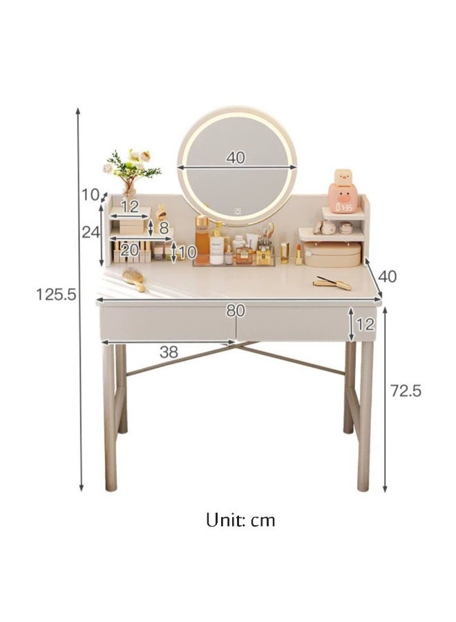 Simple Makeup Vanity Dressing Table, Steel Leg Small White Table with Shelf, Drawer, Mirror and Led Light for Bedroom and Small Space (RJ80CK, 80 * 40cm) - Image 2