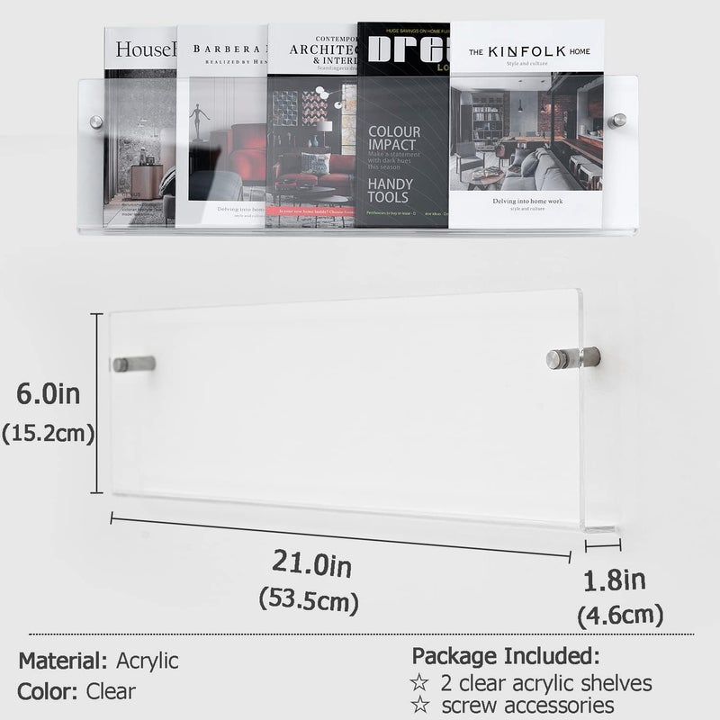 XOHYW 2 Pack Clear Acrylic Magazine Holder, Wall Mount Bookshelf Magazine Rack, Literature Brochure File Display Shelf for Waiting Room, Living Room, Office, Home, Organization - Image 2