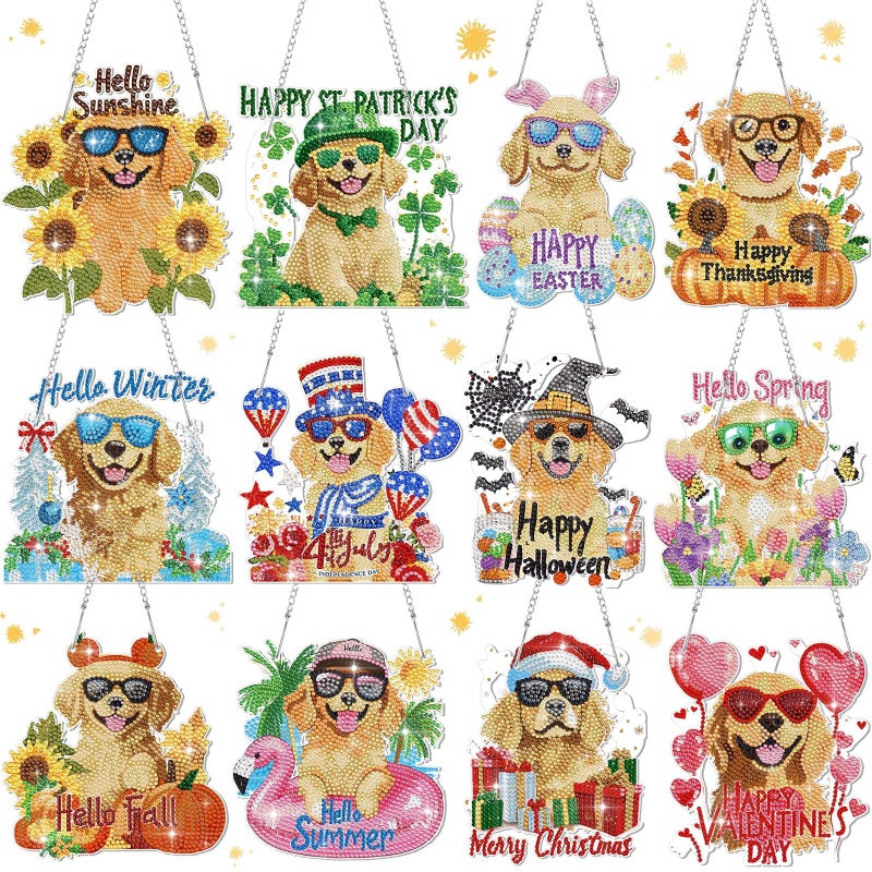 Cinnvoice 12 Pcs Seasonal Diamond Art Wreath Kits Holiday Fall Halloween 5D Diy Diamond Art Hanging Signs Thanksgiving Christmas Ornaments For Wall Door Decoration(Dog) - Image 1