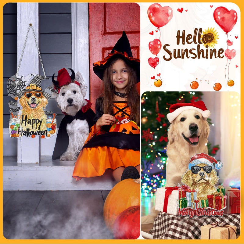 Cinnvoice 12 Pcs Seasonal Diamond Art Wreath Kits Holiday Fall Halloween 5D Diy Diamond Art Hanging Signs Thanksgiving Christmas Ornaments For Wall Door Decoration(Dog) - Image 2