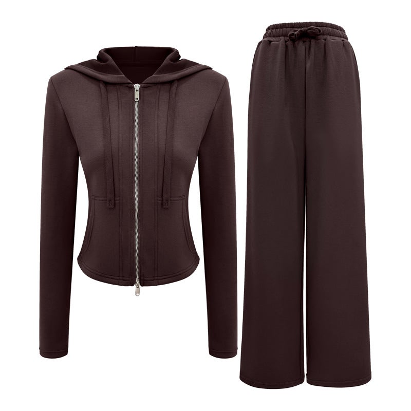 Thick Warm Zip Hoodie Yoga Suit Womens Loose Pants Set Dark color jacket-dark color trousers 