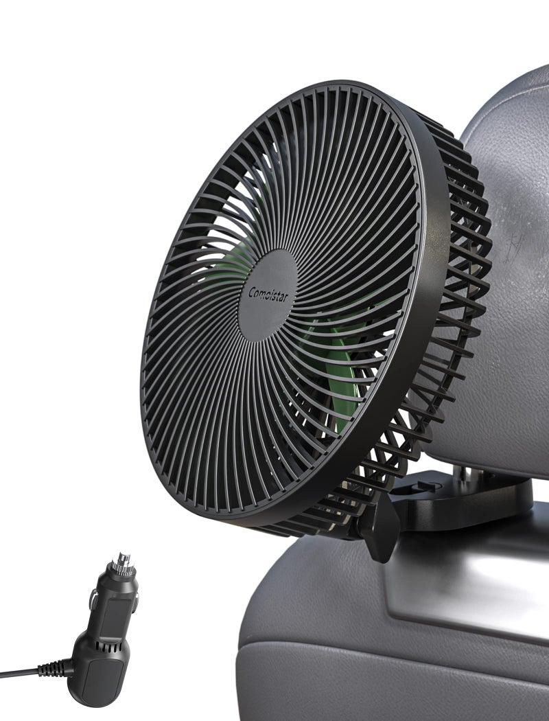 Comoistar 8.5 Inch Portable Car Cooling Fan, 12V/24V Electric Vehicle Fans with Stepless Control, 150° Rotation, Quiet Air Circulator Fan with Cigarette Lighter for SUV, RV, Truck, Boat for Rear Seat, Headrest - Image 1