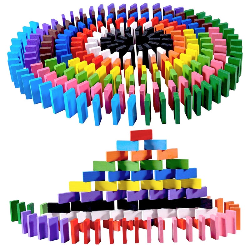 OBTANIM 600 Pcs Colorful Wooden Domino Blocks Set Tile Bulk Building Racing Stacking Games Educational Toys for Kids Birthday Party Favor - Image 1
