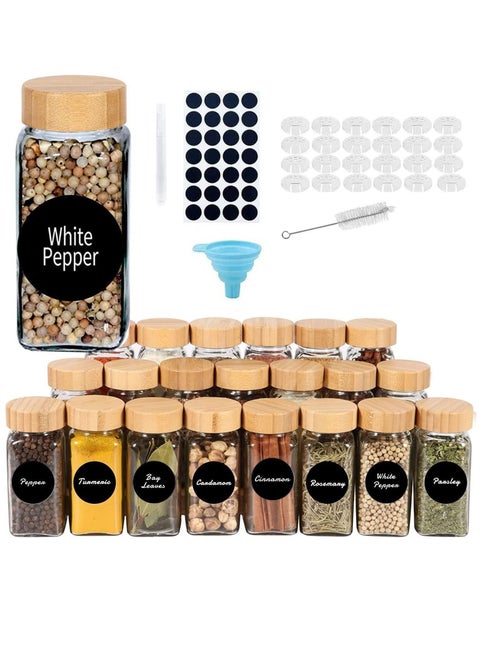 24 Spice Jars with Labels, 4 oz Glass Spice Jars with Bamboo Lids, Spice Box set with Stickers, Collapsible Funnel, Pens, Spoons, Spice Storage Jars for Spice Racks, Cabinets, Drawers