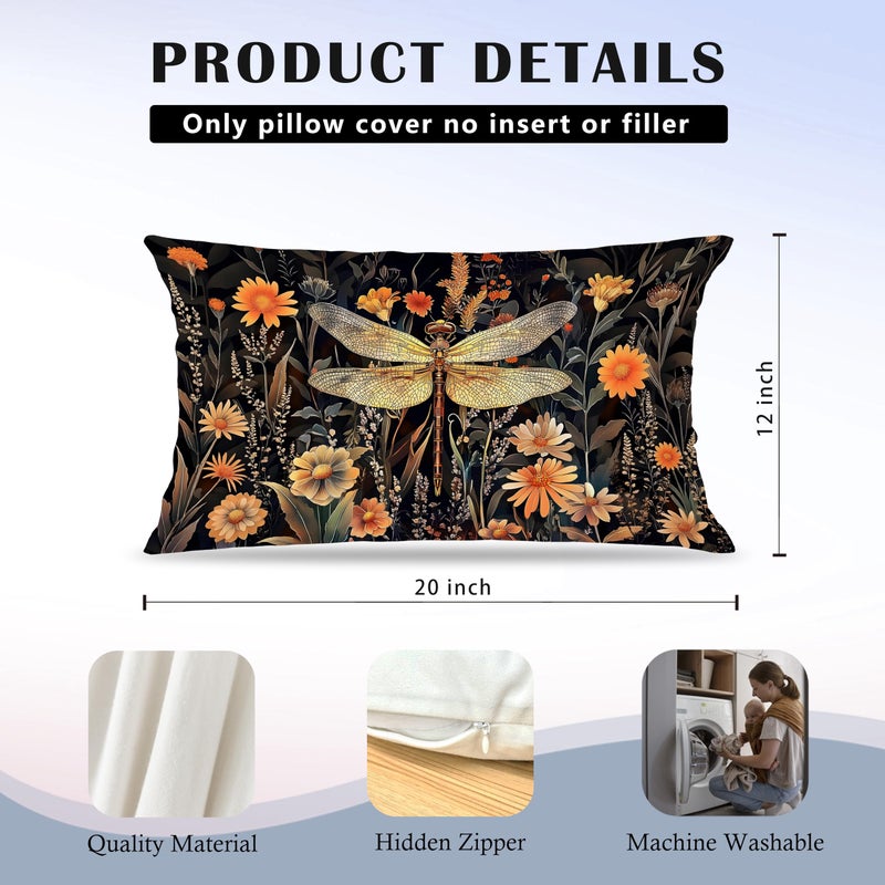 Exqcom Moody Vintage Dragonfly Bee Floral Pillow Covers 12x20 Set of 2, Dark Cottagecore Botanical Wildflower Dragonfly Bumblebee Decorative Lumbar Pillow Covers for Home Bedroom Living Room - Image 5