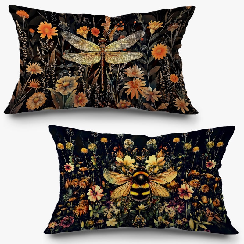 Exqcom Moody Vintage Dragonfly Bee Floral Pillow Covers 12x20 Set of 2, Dark Cottagecore Botanical Wildflower Dragonfly Bumblebee Decorative Lumbar Pillow Covers for Home Bedroom Living Room - Image 1