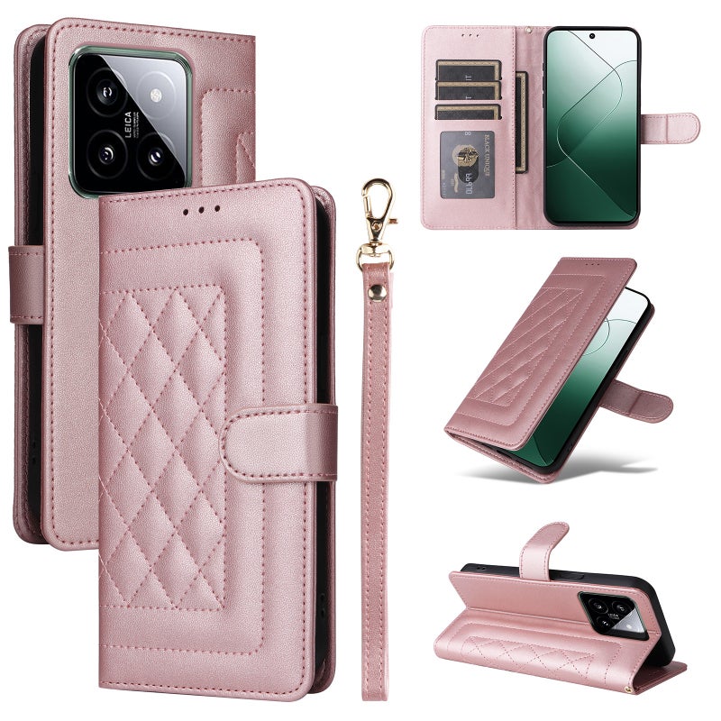 HuHa Protective Cover For Xiaomi 14 5G Diamond Lattice Leather Flip Phone Case(Rose Gold) - Image 1