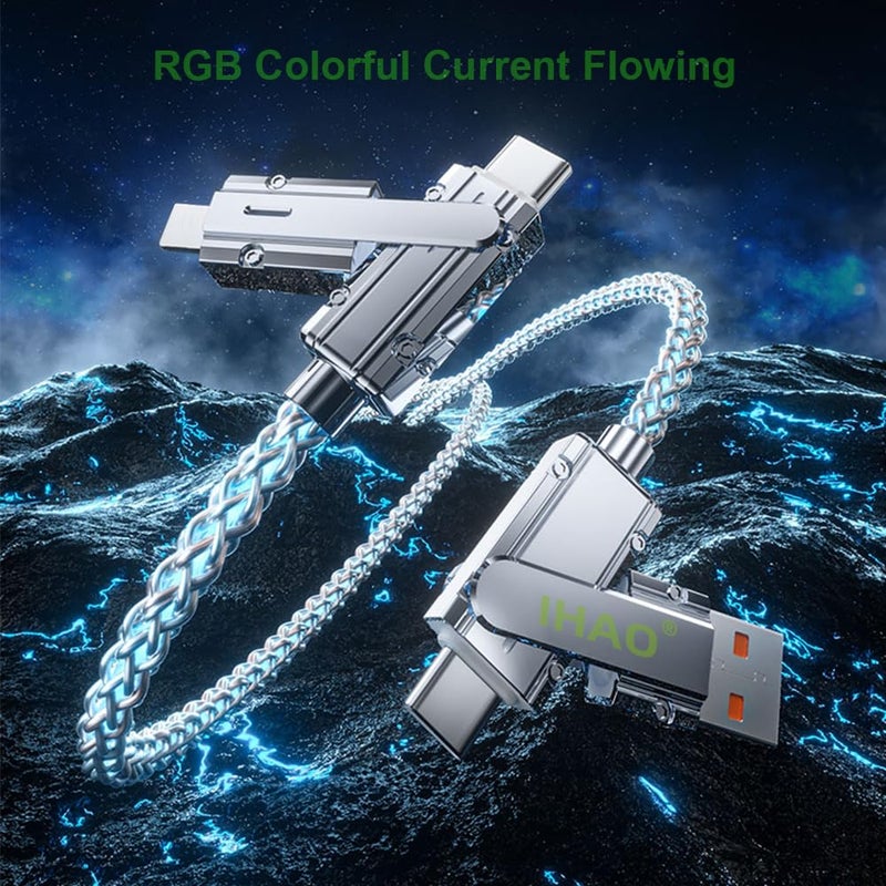 IHAO كابل شاحن IHAO متعدد المنافذ 4 تركيبات في كابل واحد USBA/USBC إلى USB C سريع الشحن مع إضاءة LED متدفقة متوافق مع معظم الأجهزة الكهربائية - 39 بوصة RGB - Image 4