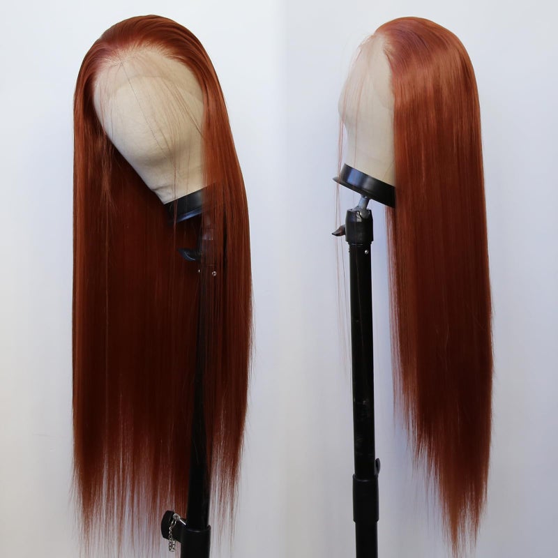 BTWTRY Ginger Brown Synthetic Lace Front Wig Long Straight Copper Lace Front Synthetic Wig Pre Plucked Natural Hairline Glueless Heat Resistant Fiber Hair Wig for Fashion Women (Ginger) - Image 5