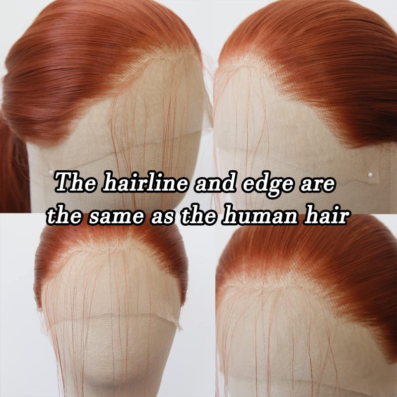 BTWTRY Ginger Brown Synthetic Lace Front Wig Long Straight Copper Lace Front Synthetic Wig Pre Plucked Natural Hairline Glueless Heat Resistant Fiber Hair Wig for Fashion Women (Ginger) - Image 2