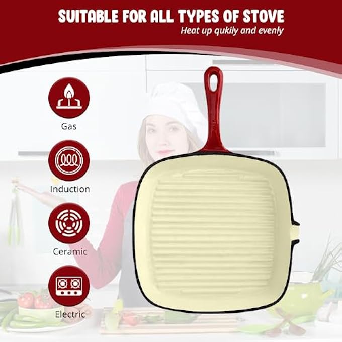 Unity 24Cm Cast Iron Square Griddle Frying Pan  PreSeasoned Non Stick 260C Oven Proof Skillet Cookware Set All Hob  Easy Grip Handle HT04 - Image 4