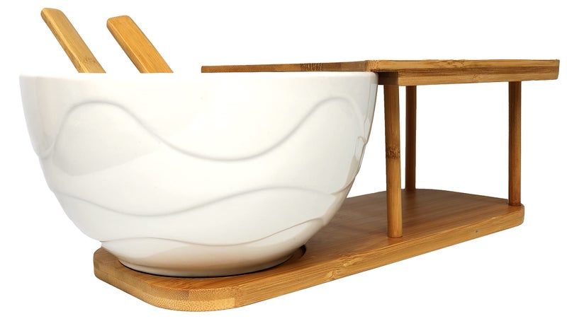 Basic Fundamentals Basic Fundamentals Ceramic Mixing Bowl with Serving Utensils and Bamboo Display Rack  Salad Bowl Set with Bamboo Rack and Server  Wooden Storage Container Rack 575 x 1675 x 938 