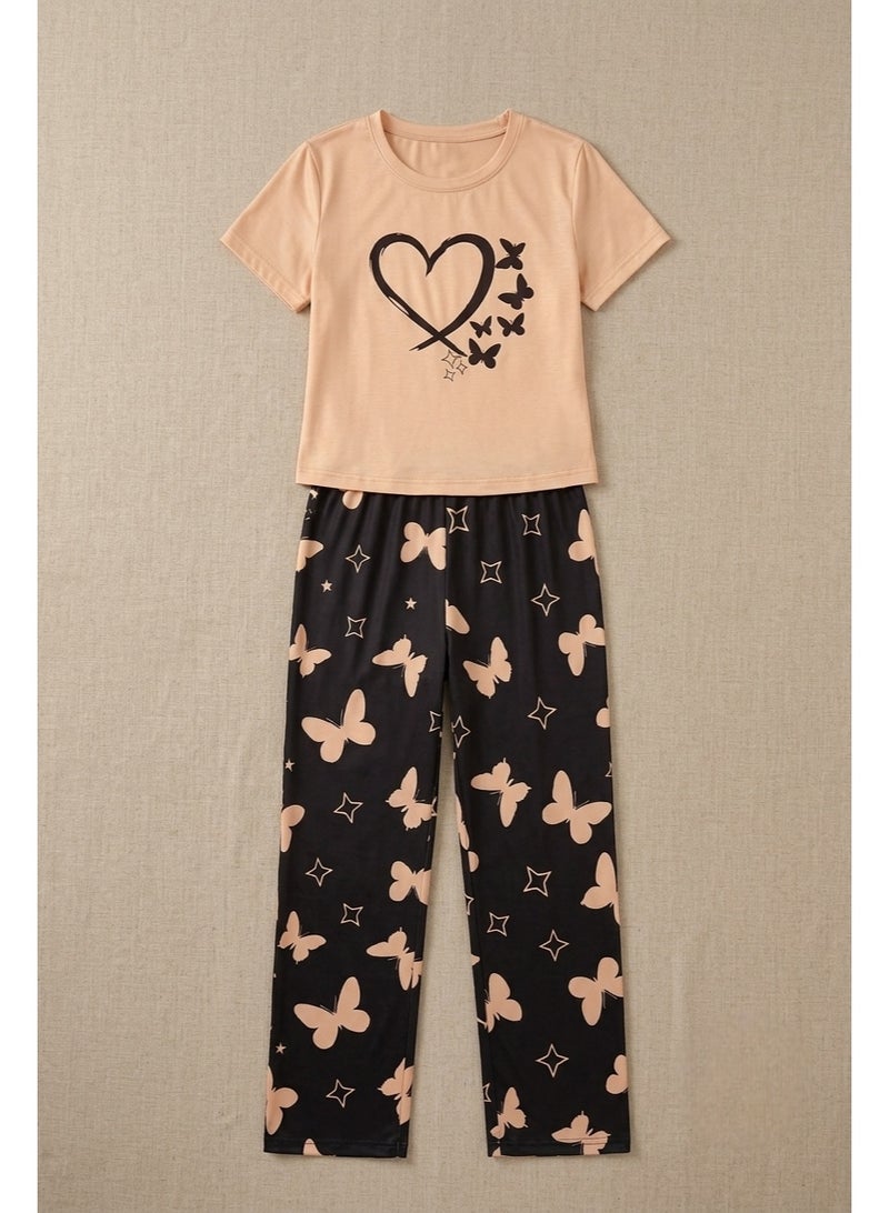 Women's Two-Piece Pajama Set with Ribbed Cotton Half-Sleeve Top and Printed Pants - Image 2