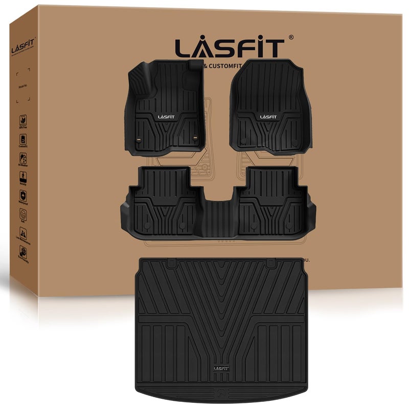 حصائر أرضية وغطاء شحن LASFIT لهوندا CRV 2023 2024 2025 2026 تشمل النماذج الهجينة حصائر صندوق السيارة لجميع الأحوال الجوية TPE مجموعة كاملة باللون الأسود
