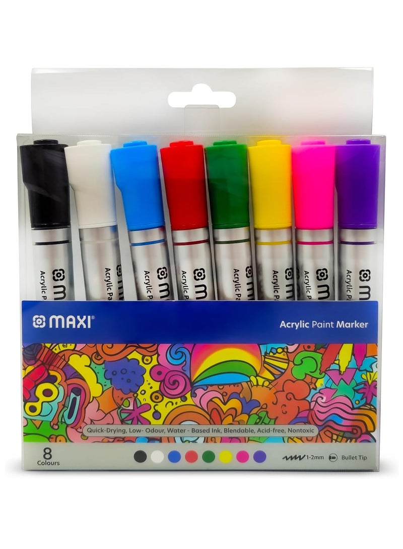 Maxi Maxi Acrylic Paint Markers 8 Assorted Colors (1-2mm) – Non-Toxic, Odorless, Perfect for Painting on Glass, Canvas, Wood, Plastic, Fabric, Metal, Leather, Ceramic.  - Image 1