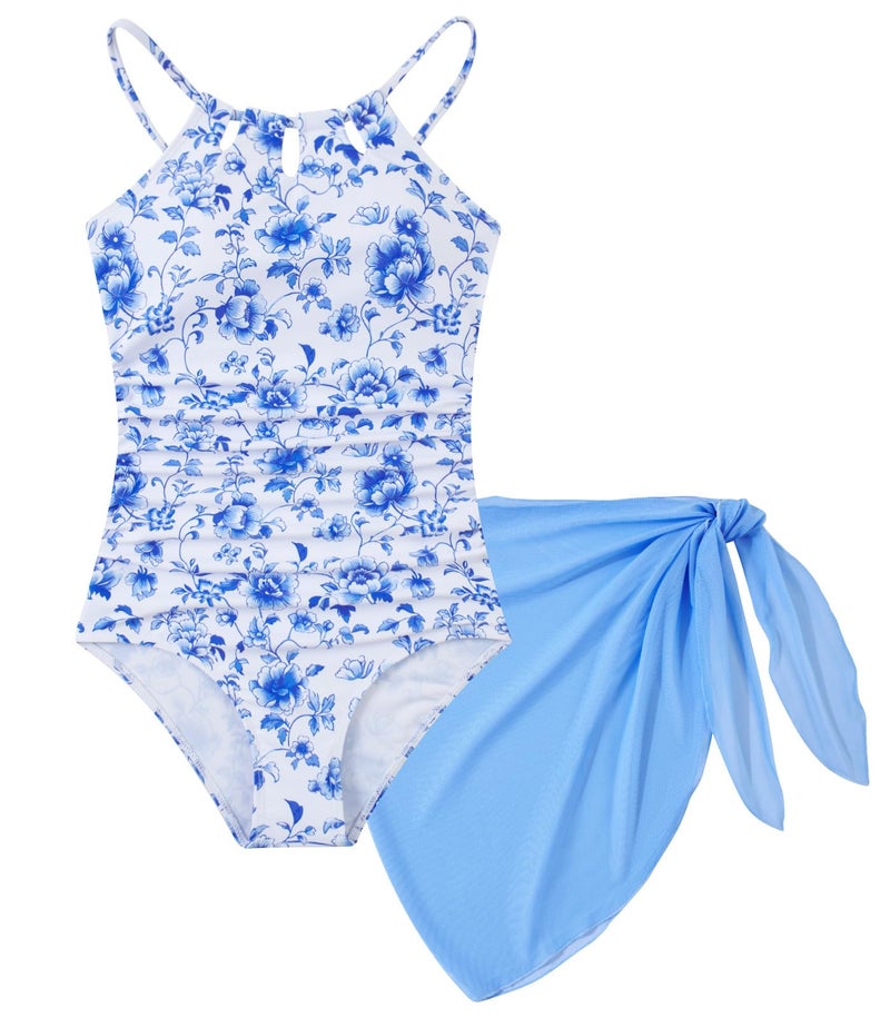 Cuddomper Girls Swimsiut Size 11-12 Floral Teen One-Piece Bathing Suit with Sky Blue Mesh Cover Ups Cut Out Adjustable Straps Summer Swimwear - Image 1