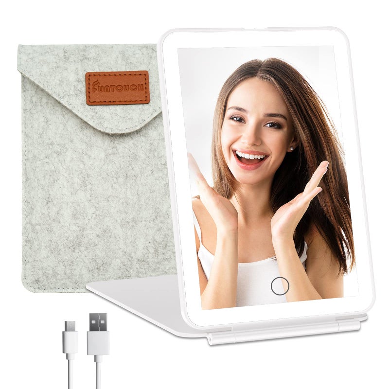 FUNTOUCH FUNTOUCH Rechargeable Travel Makeup Vanity Mirror with 72 LED Lights Portable Lighted Beauty Mirror 3 Lighting Modes Dimmable Touch Screen Tabletop Folding Cosmetic Mirror with Storage Bag