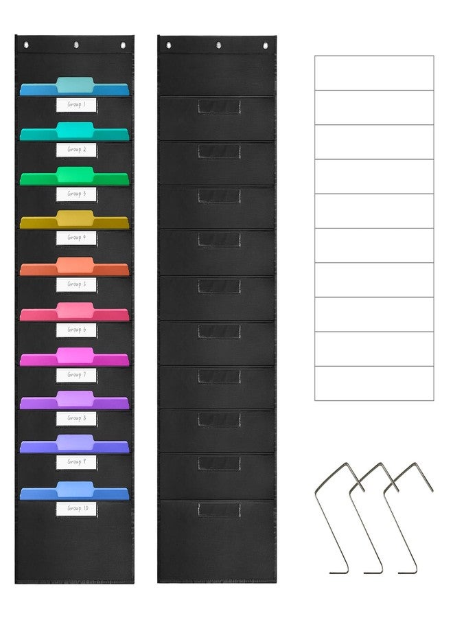 Jenlan Storage Pocket Chart, 10 Pockets File Organizer Wall Pocket Hanging Wall File Organizer with 10 Nametag Pockets 3 Overdoor Hangers for Magazines, Pens, File Folders in Office and School - Image 1