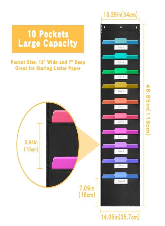 Jenlan Storage Pocket Chart, 10 Pockets File Organizer Wall Pocket Hanging Wall File Organizer with 10 Nametag Pockets 3 Overdoor Hangers for Magazines, Pens, File Folders in Office and School - Image 3