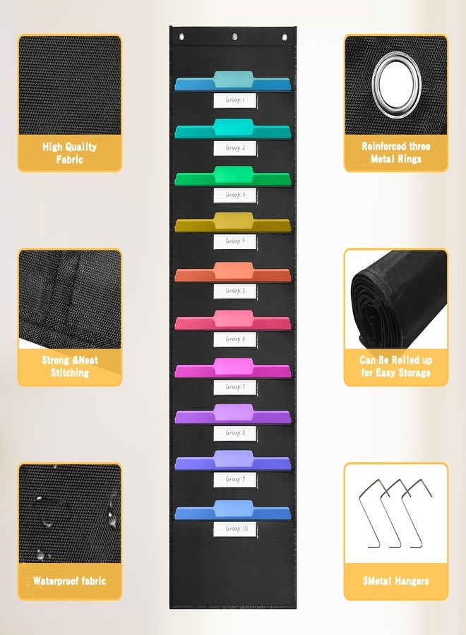 Jenlan Storage Pocket Chart, 10 Pockets File Organizer Wall Pocket Hanging Wall File Organizer with 10 Nametag Pockets 3 Overdoor Hangers for Magazines, Pens, File Folders in Office and School - Image 2