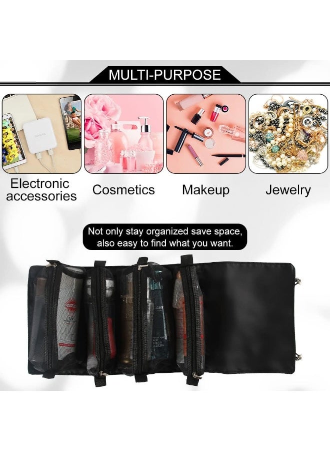 4 in 1 Detachable Cosmefic Bag, Roll Up Makeup Organizer Bag Toiletry Bag, Folding Cosmetic Travel Bags with Hook and Loop for Gym Camping Grooming (Black) - Image 3