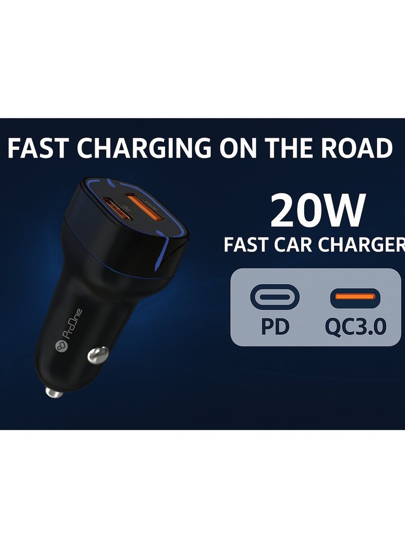 ProOne ProOne PCG22 PD20W + Qualcomm 3.0 18W USB-A & Type-C Fast Car Charger | 12V-24V Input | Dual Port Charger for iPhone 16/15/14/13/12/11, iPad Pro, Samsung S24/S23, AirPods, Apple Watch & More  - Image 2