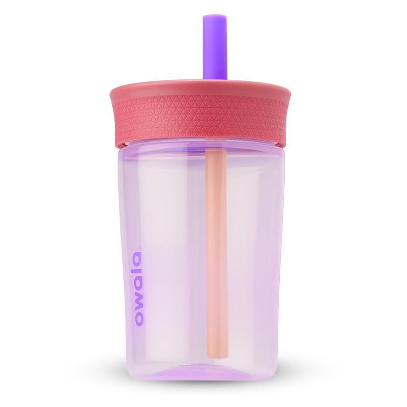 Owala Owala Kids BPA-Free Plastic Tumbler with Spill Resistant Flexible Straw  Easy to Clean  Kids Water Bottle  Great for Travel  Dishwasher Safe  15 Oz  Pink and Purple (Lilac Rocket)  - Image 1