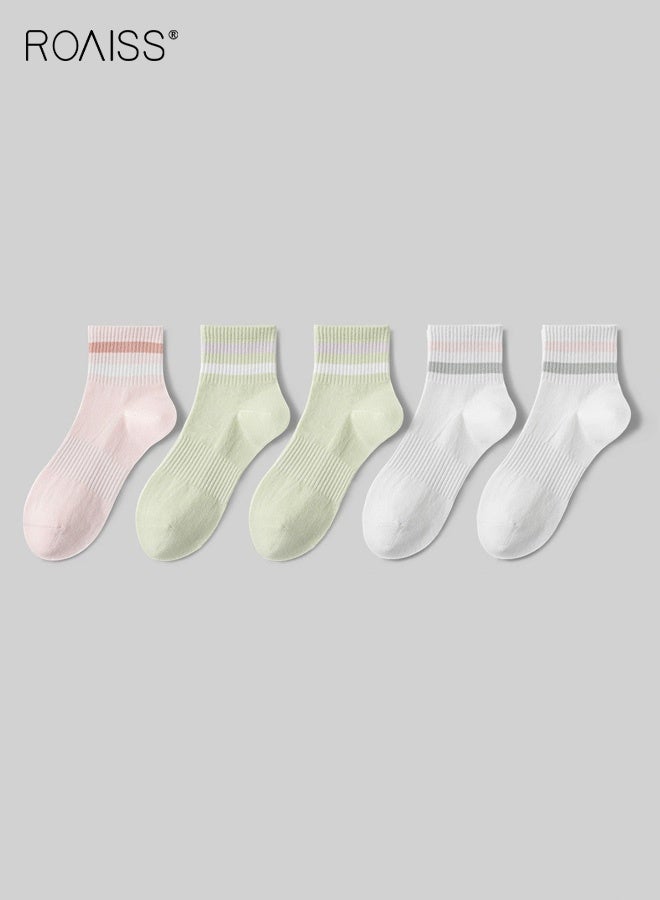 رويس 5 أزواج من الجوارب النسائية حتى منتصف الساق، شبكية تسمح بمرور الهواء، وتمتص العرق، ومقاومة للرائحة، جوارب مخططة للربيع/الصيف، جوارب رياضية غير رسمية من القطن الخالص غير قابلة للانزلاق للسيدات - Image 1
